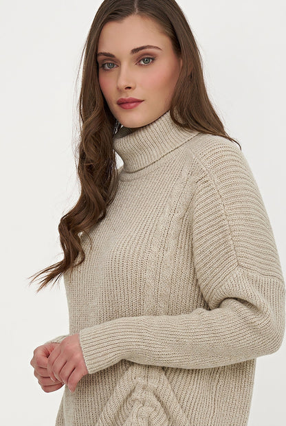 Women's Rib-Knit Turtleneck Tunic Sweater with Asymmetric Tie Front