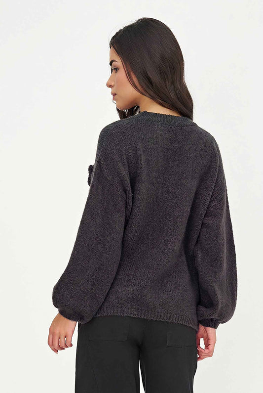 Women's Knit V-Neck Sweater, Long Sleeves & Flower Details
