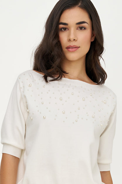 Women's Boat-Neck Sweater, Elbow-Length Sleeves & Pearl Details