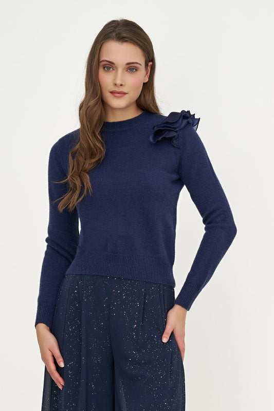 Women's Knit Crew-Neck Sweater, Long Sleeves & Organza Shoulder Ruffle