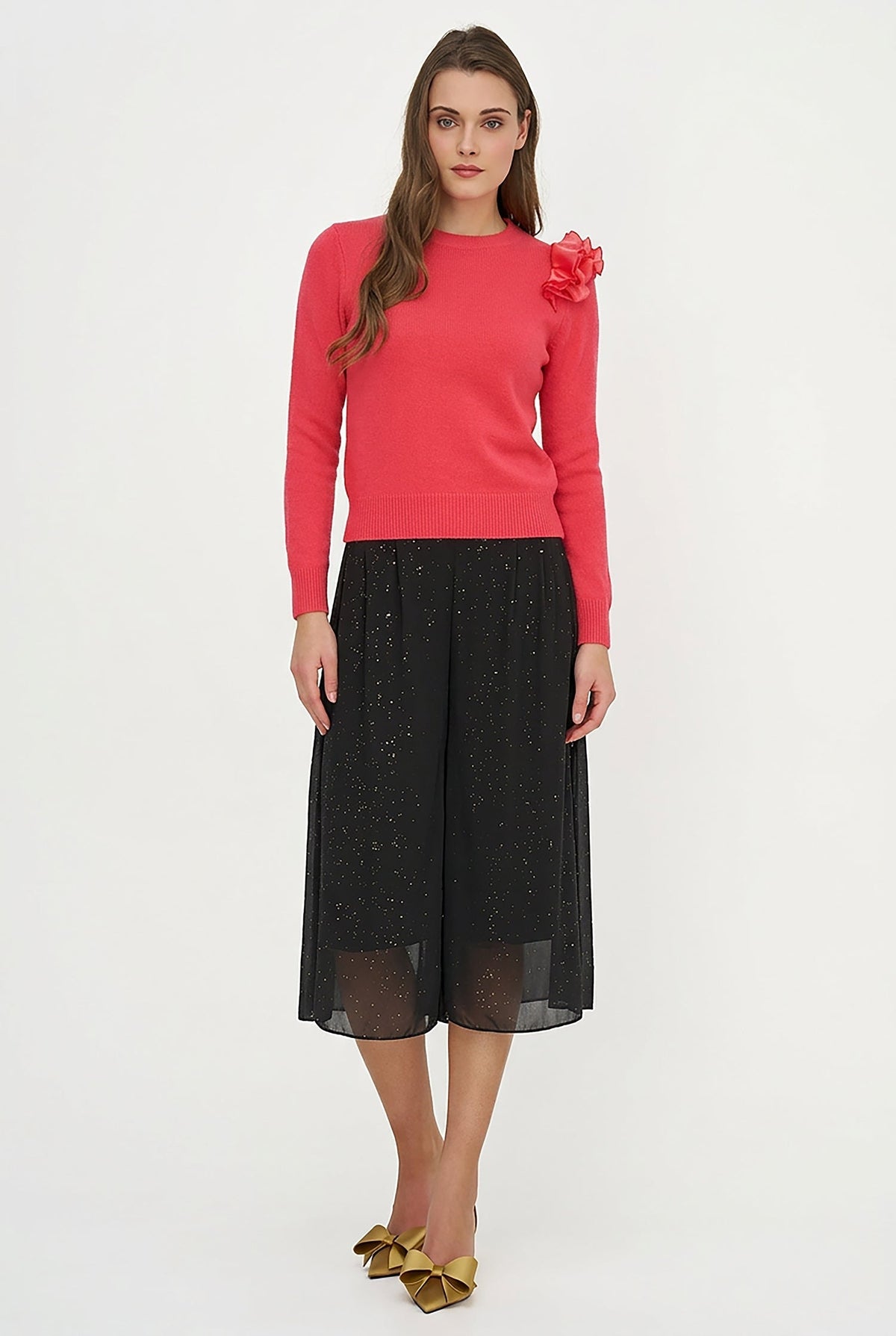 Women's Knit Crew-Neck Sweater, Long Sleeves & Organza Shoulder Ruffle