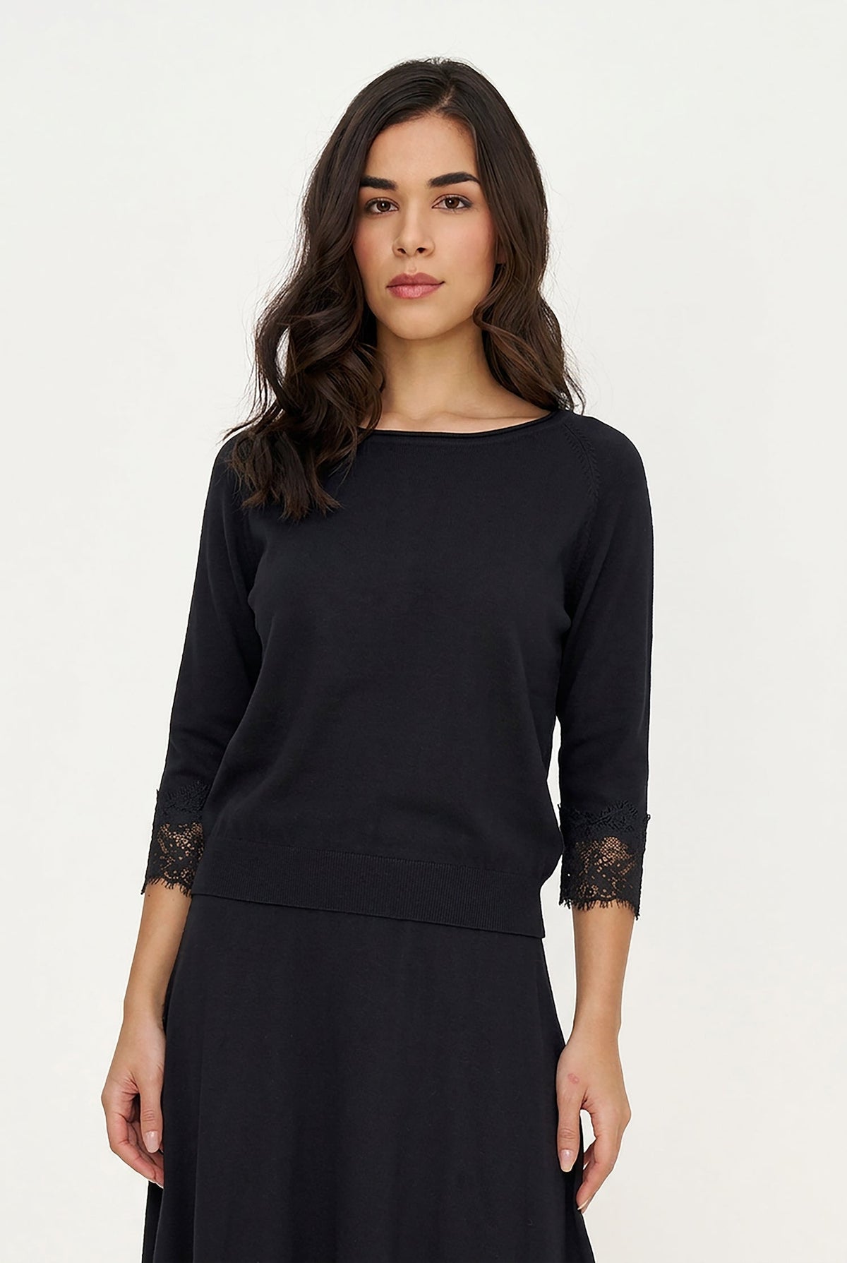 Women's Fine Knit Crew-Neck Sweater, 3/4 Raglan Sleeves & Lace Cuffs