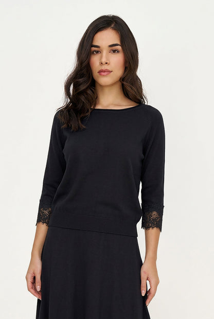 Women's Fine Knit Crew-Neck Sweater, 3/4 Raglan Sleeves & Lace Cuffs