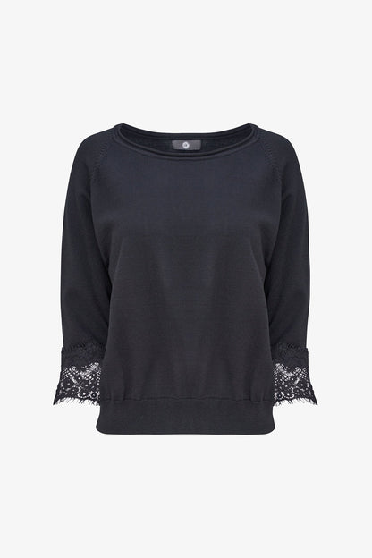 Women's Fine Knit Crew-Neck Sweater, 3/4 Raglan Sleeves & Lace Cuffs