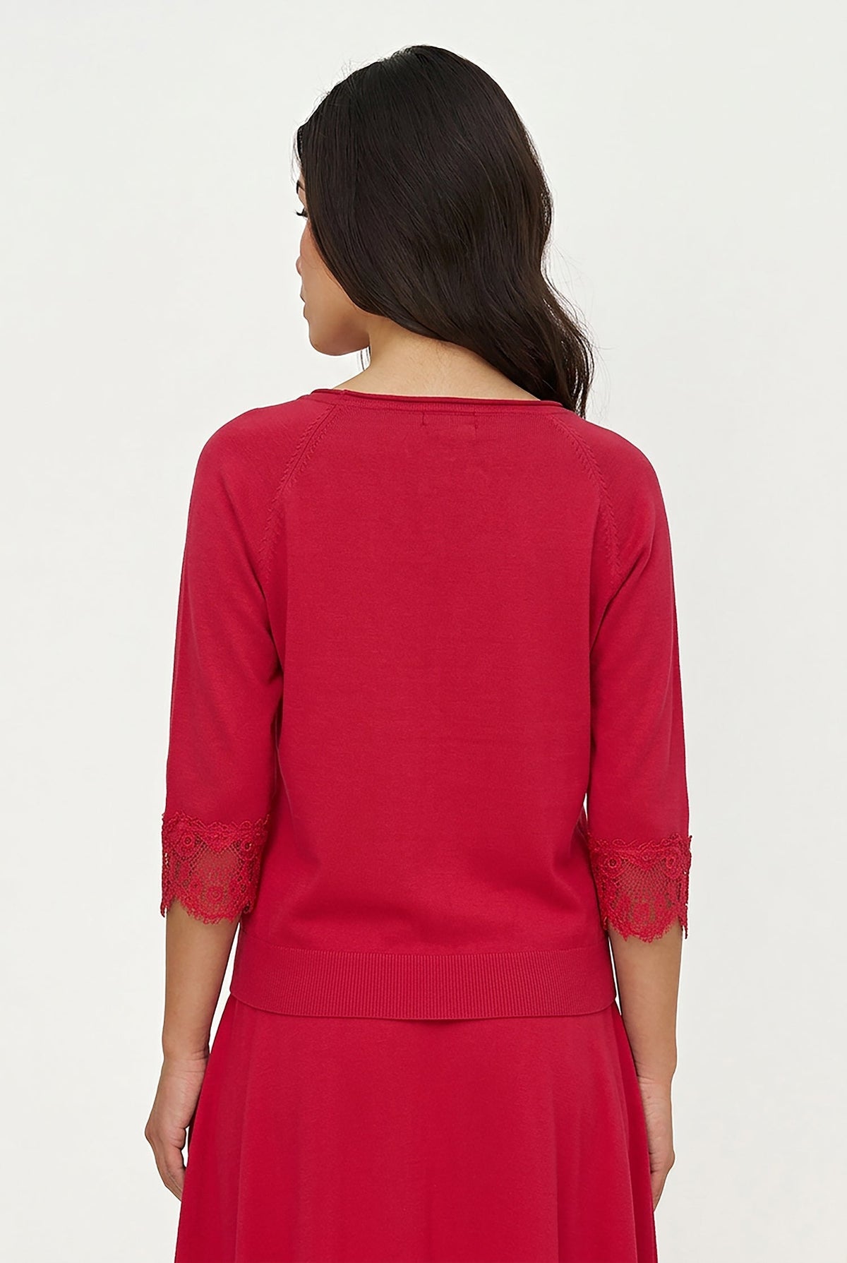 Women's Fine Knit Crew-Neck Sweater, 3/4 Raglan Sleeves & Lace Cuffs
