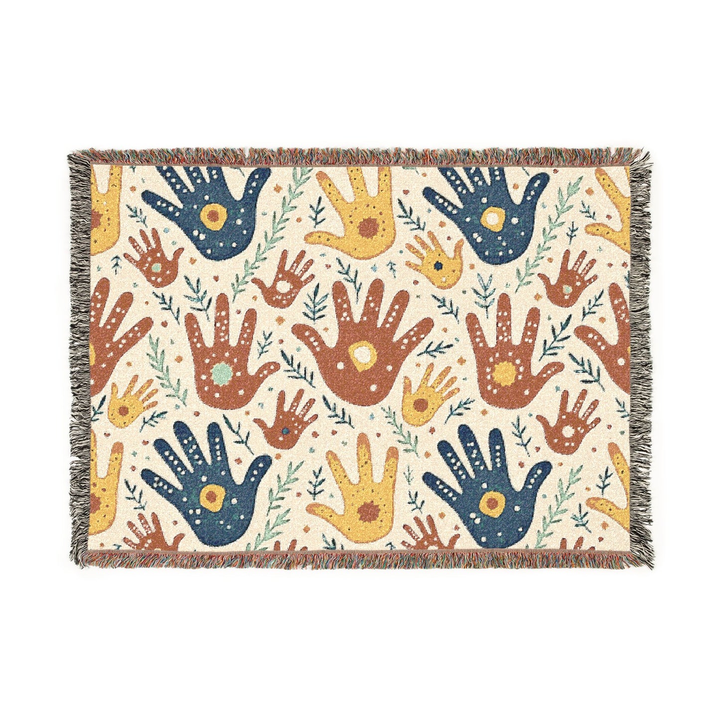 Handprint Pattern Woven Blanket — Boho Tribal Throw for Living Room, Nursery, or Gift