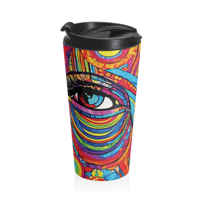 Colorful Abstract Face Travel Mug — Vibrant Psychedelic Stainless Steel Tumbler