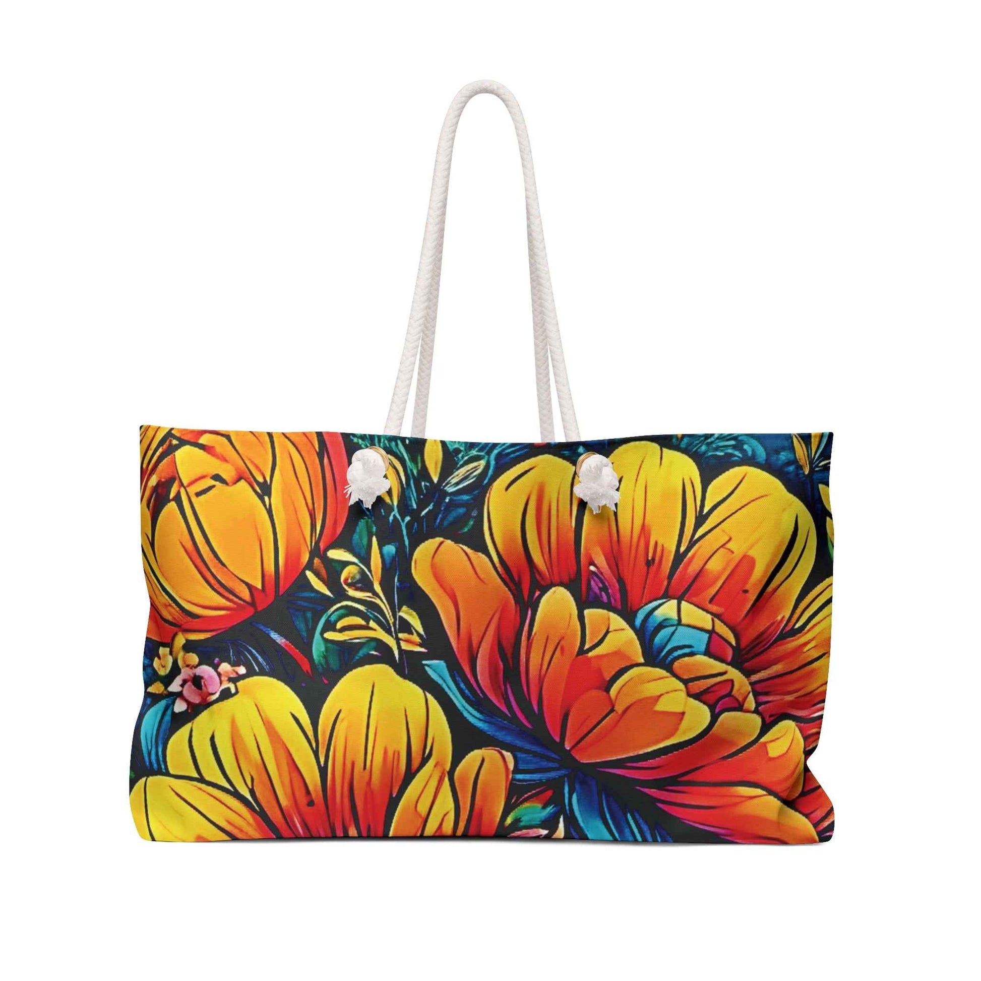 Vibrant Floral Illustration Weekender Bag | Colorful Tropical Flower Large Tote Bag