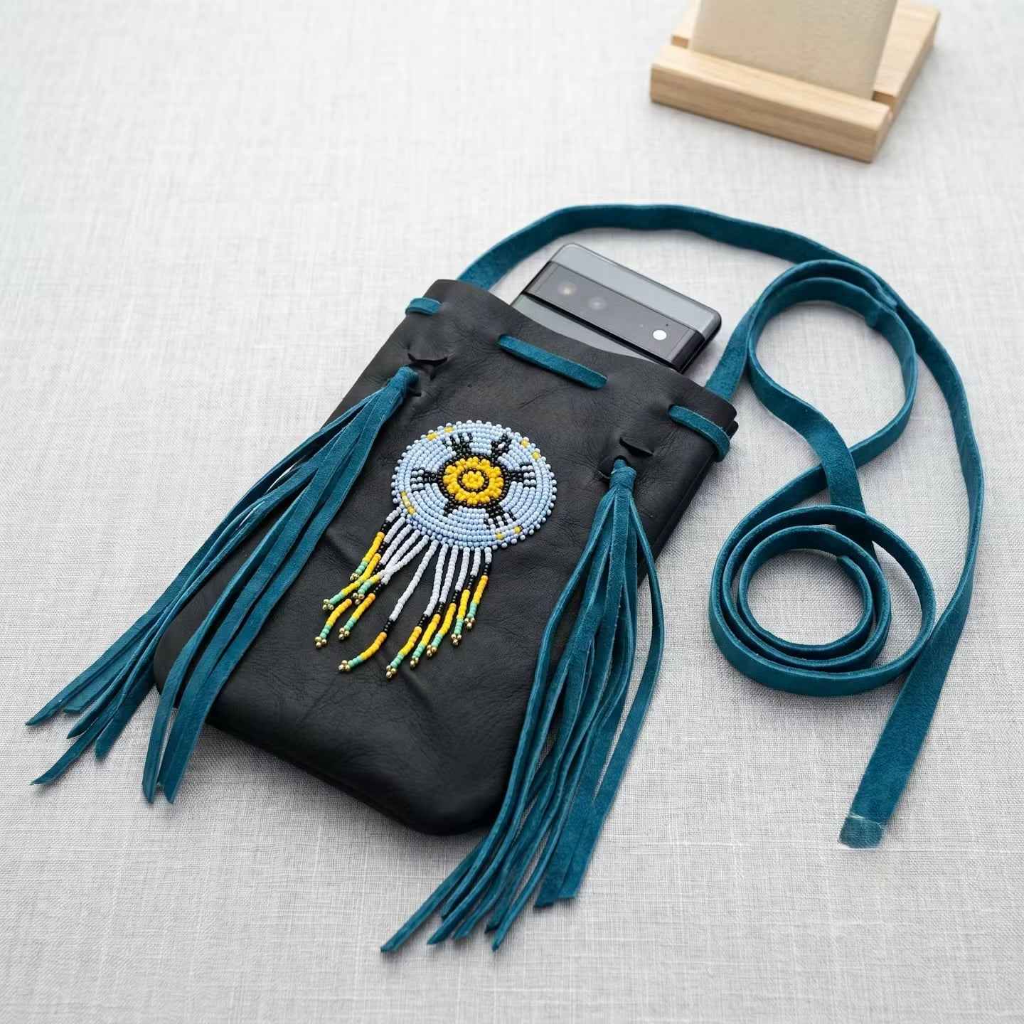 Beaded Suede Phone Pouch ~ Black turquoise