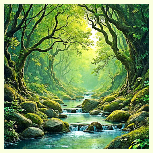 Enchanted Mossy Forest River – Ethereal Woodland Landscape Digital Art