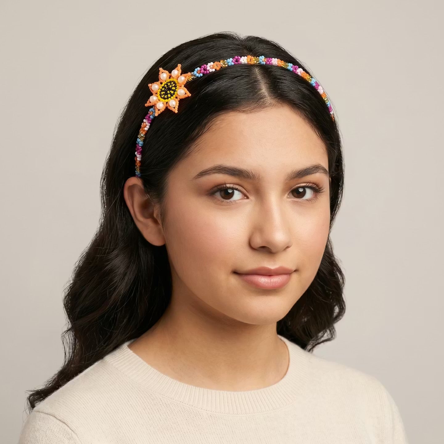 Beaded Headband with Flower Orange