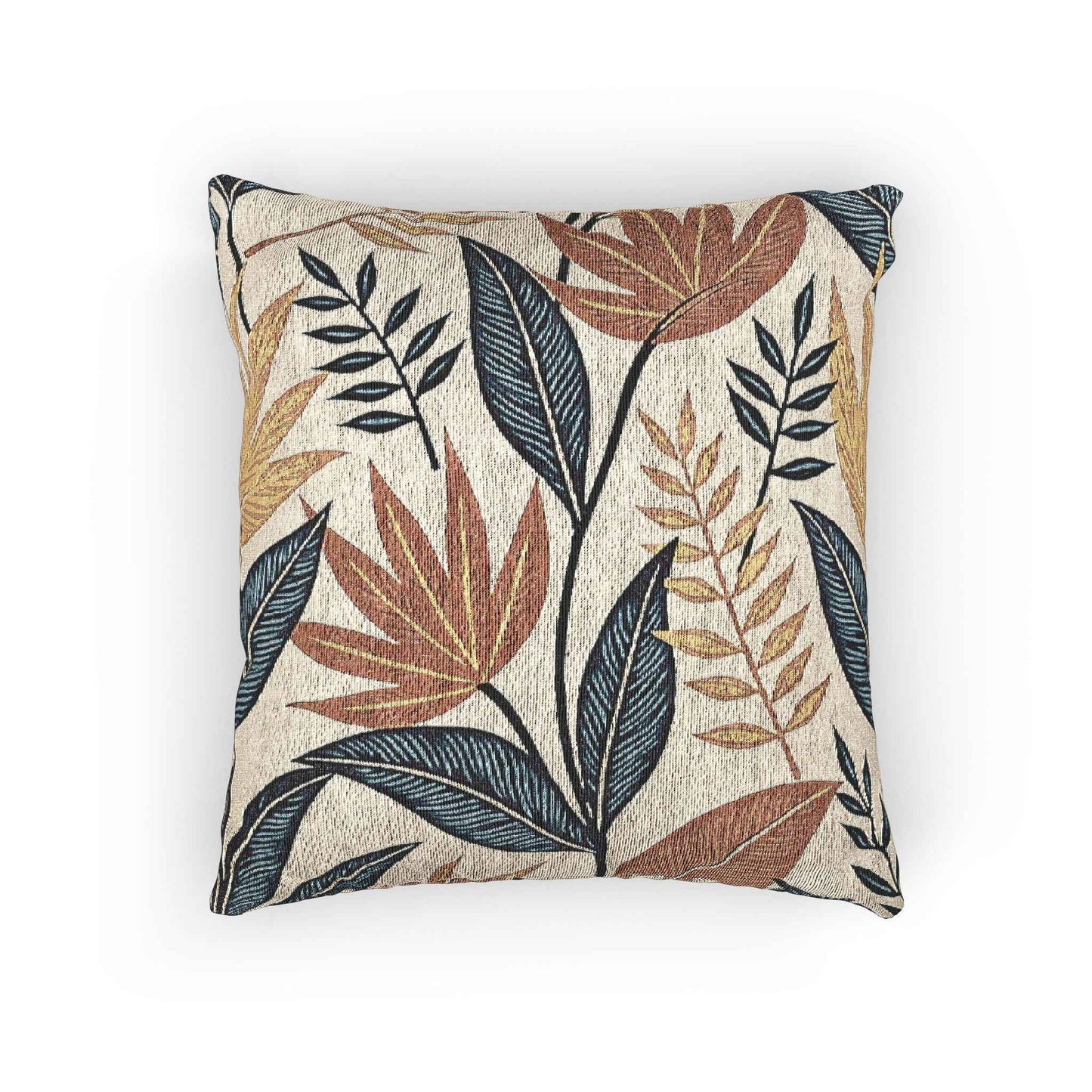 Tropical Leaf Pattern Woven Pillow | Botanical Throw Pillow, Neutral Blue Rust Design