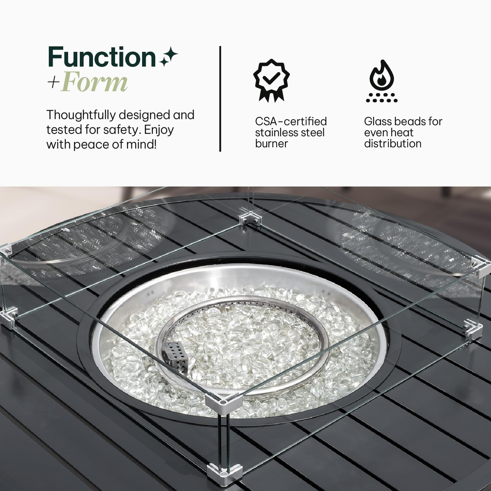 Propane FirePit Table: 50,000 BTU Aluminum Slat Top with Lid, Stainless Steel Burner, Windguard, 8KG Glass Beads, 300D PVC Cover, CSA-Listed - AURABAGS SHOP