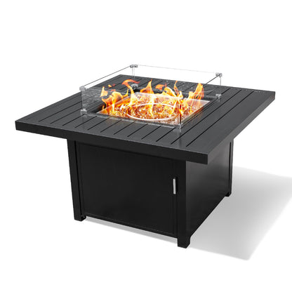 Propane FirePit Table: 50,000 BTU Aluminum Slat Top with Lid, Stainless Steel Burner, Windguard, 8KG Glass Beads, 300D PVC Cover, CSA-Listed - AURABAGS SHOP