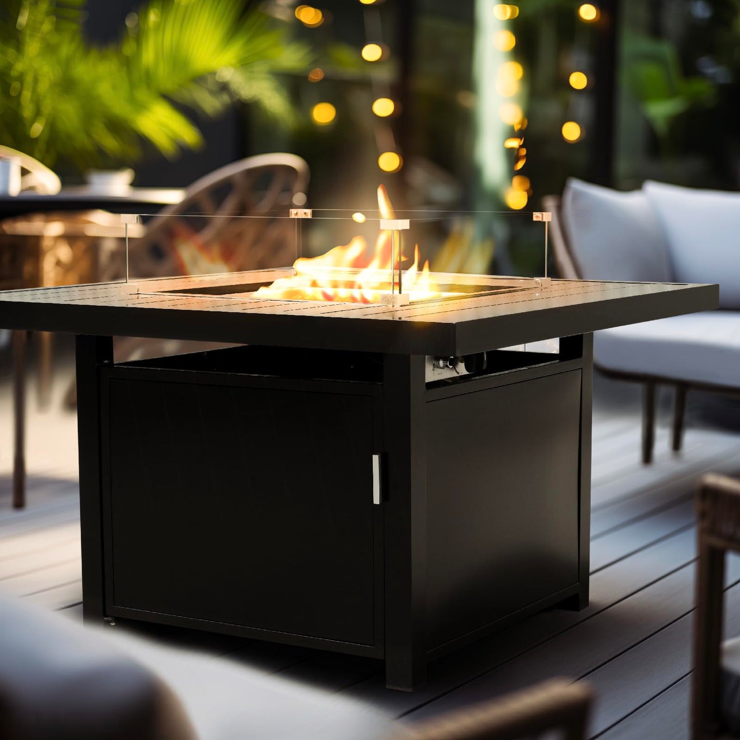 Propane FirePit Table: 50,000 BTU Aluminum Slat Top with Lid, Stainless Steel Burner, Windguard, 8KG Glass Beads, 300D PVC Cover, CSA-Listed - AURABAGS SHOP