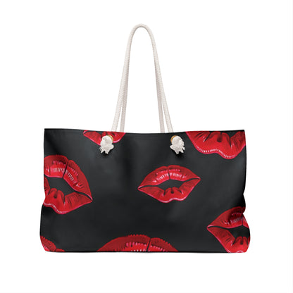 Red Lip Print Weekender Bag | Bold Kiss Pattern, Black Background