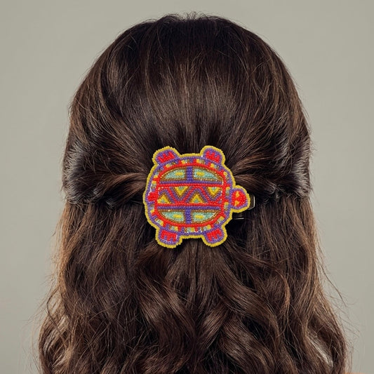 Beaded turtle Barrette Red accent