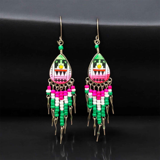 OldTribes™ Small Sized Southwestern Pink and Green Teardrop Earrings