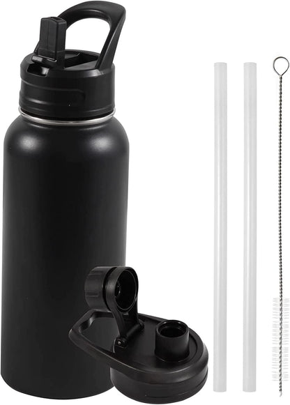 Insulated Water Bottle, 32oz Vacuum Stainless Steel Metal Sports Water Bottles with Stickers, Straw & Spout Lid (2 Lids), Double Walled to Keeps Hot and Cold, Leak Proof, BPA-Free, 32oz (Black) 🍁 All In One Marketplace Canada