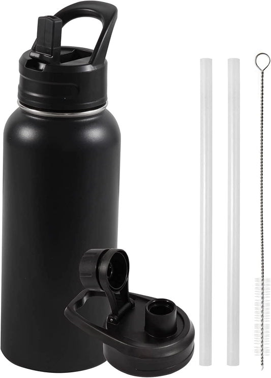 Insulated Water Bottle, 32oz Vacuum Stainless Steel Metal Sports Water Bottles with Stickers, Straw & Spout Lid (2 Lids), Double Walled to Keeps Hot and Cold, Leak Proof, BPA-Free, 32oz (Black) 🍁 All In One Marketplace Canada