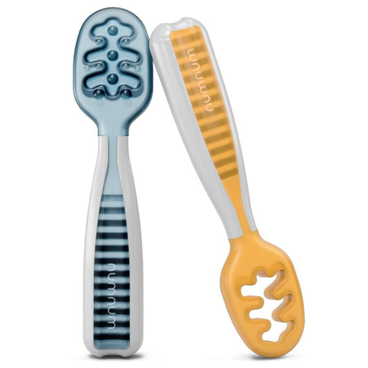 NumNum Baby Spoons Set, Baby Essentials Pre-Spoon GOOtensils for 6+ Months, First Stage Self-Feeding Spoons for Baby Led Weaning (BLW), Silicone Toddler Utensils, BPA-Free, 2 Pack Blue/Orange 🍁 All In One Marketplace Canada