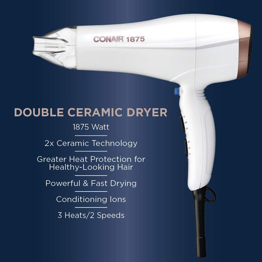 Conair Double Ceramic 1875W Hair Dryer, 3 Heat/ 2 Speed Blow Dryer, Powerful and Fast Drying, Includes Concentrator, Cool Shot Button, Removable Filter, White, Travel hair dryer 🍁 All In One Marketplace Canada