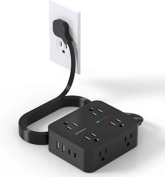 Power Bar Surge Protector, 5 Ft Flat Plug Exetnsion Cord with Multiple Outlets, Power Strip with 4 USB Ports(2 USB C), Wall Mount for Home Office College Dorm Room Essentials, ETI Listed, Black 🍁 All In One Marketplace Canada