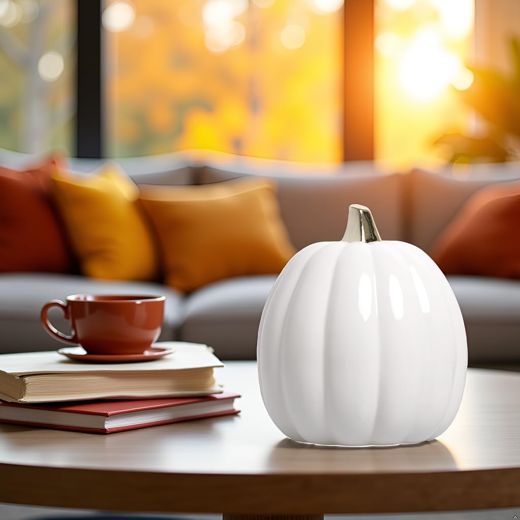 Pearhead White Ceramic Pumpkin, Home Fall Décor, Modern Holiday Home Decor, Trendy Halloween Decorations, White, Small