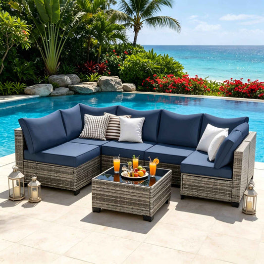 7-Piece Outdoor Patio Furniture Set with Modular Wicker Sectional Sofa (US Delivery Only)