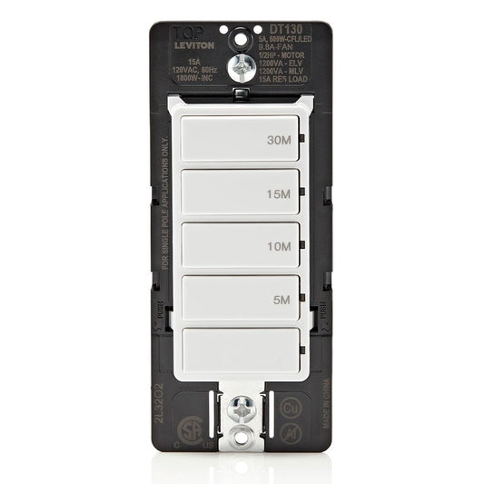 Leviton Countdown Timer Switch, 5-10-15-30 min, No Neutral Required, Single Pole, 15A, 1/2HP/9.8A Fan/Motor, DT130-1LW, White 🍁 All In One Marketplace Canada