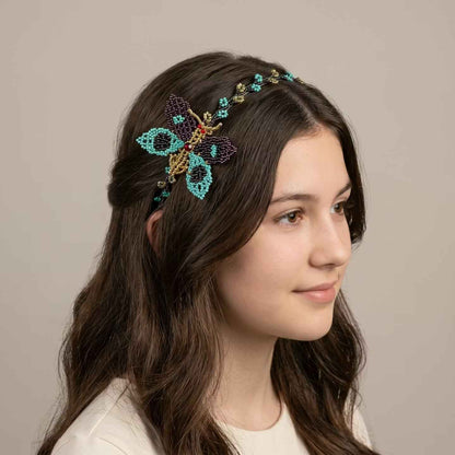 Beaded Headband with Butterfly Turquoise