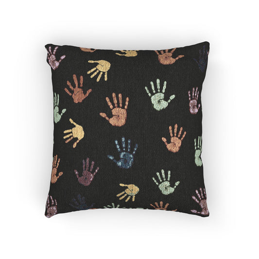 Colorful Handprint Pattern Pillow | Multicolor Hands on Black Throw Pillow
