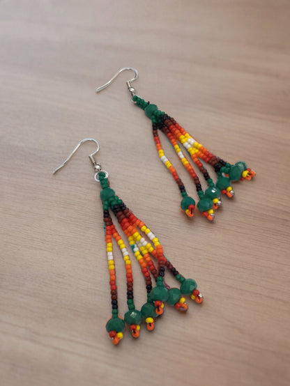 Green Six-Strand Beaded Cascade Earrings