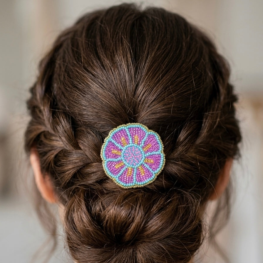 Pink/Purple Beaded Flower Barrette