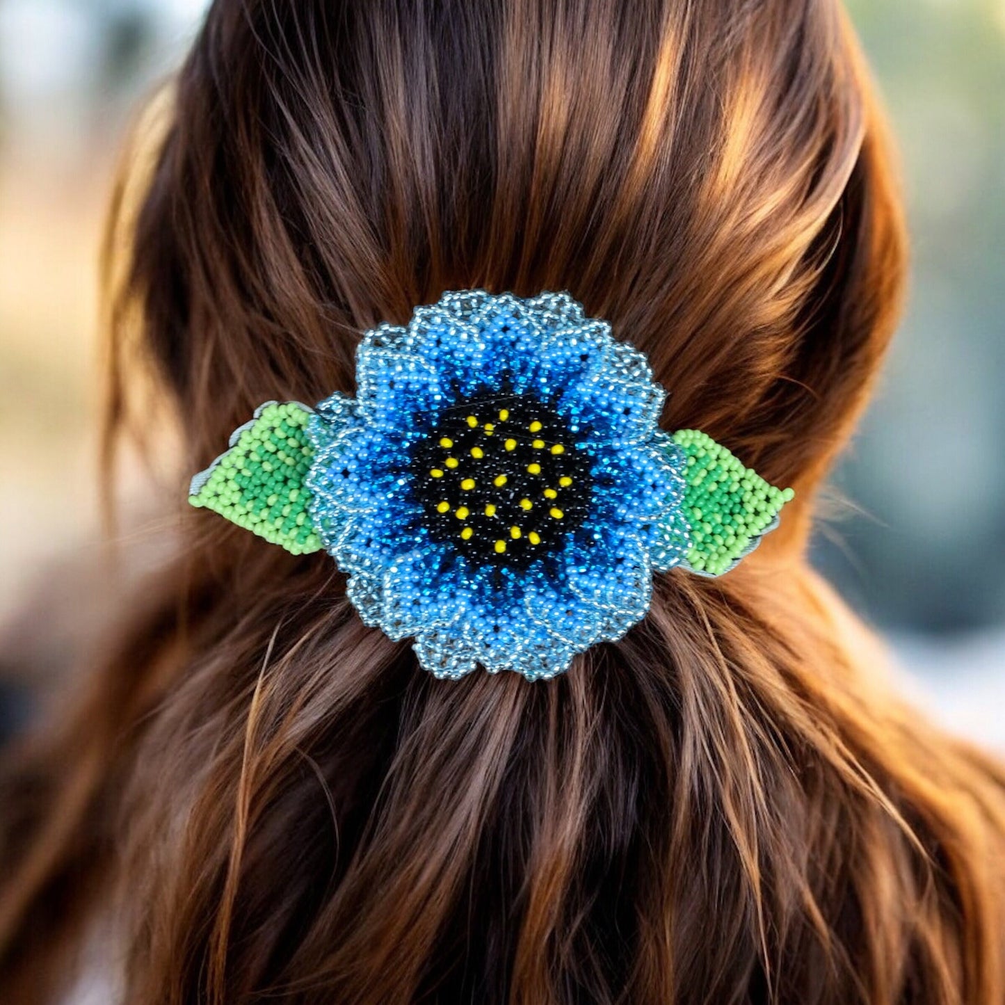 Handmade Beaded Sunflower Hair Clip-Sky Blue