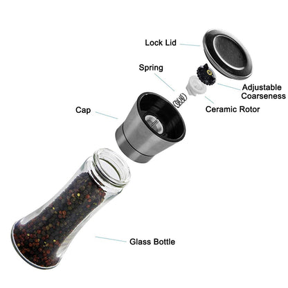Pepper Grinder or Salt Grinder, Best Spice Mill with Ceramic Blades, Adjustable Coarseness, Brushed Stainless Steel Cap, and Refillable Tall Glass Body with 6OZ Capacity (7.5") 🍁 All In One Marketplace Canada