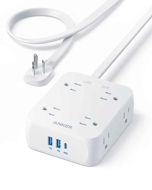 Anker Surge Protector Flat Plug Power Strip 2000J, 5ft Thin Extension Cord, 8 Outlets,2 USB A and 1 USB C Port,20W for iPhone15,Wall Mount,Compact for Home,Office,Room,TUV Listed (White) 🍁 All In One Marketplace Canada