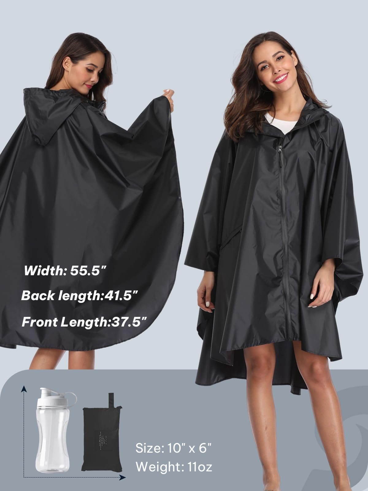 SaphiRose Hooded Rain Ponchos Outdoor Waterproof Raincoat Jacket for Adults with Zipper (Black) 🍁 All In One Marketplace Canada