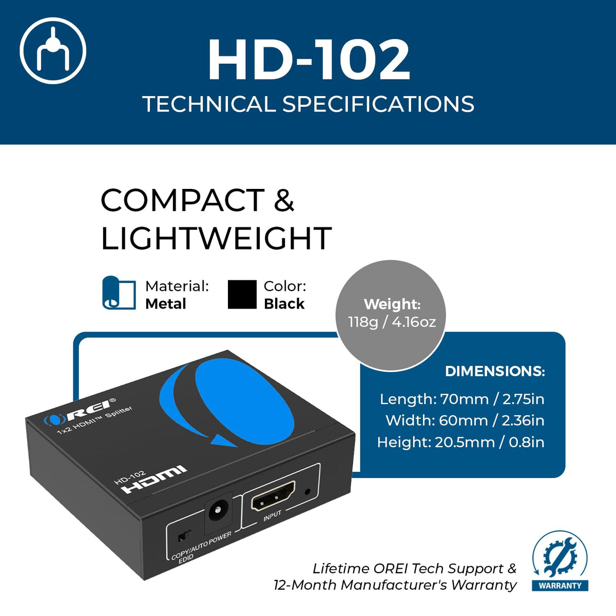 OREI HDMI Splitter 1 in 2 Out - 1x2 HDMI Splitter For TV Mirror Only - Not for Multi Monitors and HDCP Bypass, 1080P @ 60Hz & 4K @ 30Hz Resolutions – Powered HDMI splitter (HD-102) 🍁 All In One Marketplace Canada