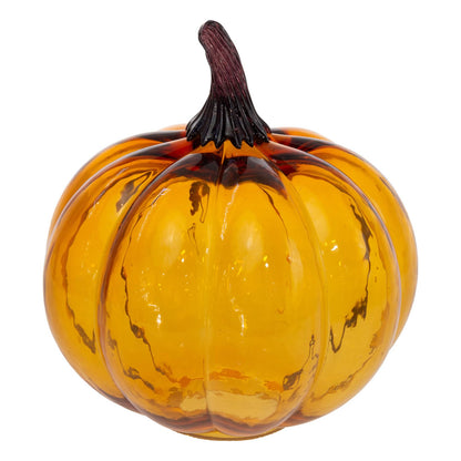 Boston International Hand Blown Glass Pumpkin Tabletop Mantel Shelf Fall Autumn Thanksgiving Halloween Decorations for Home, Large, Amber Orange