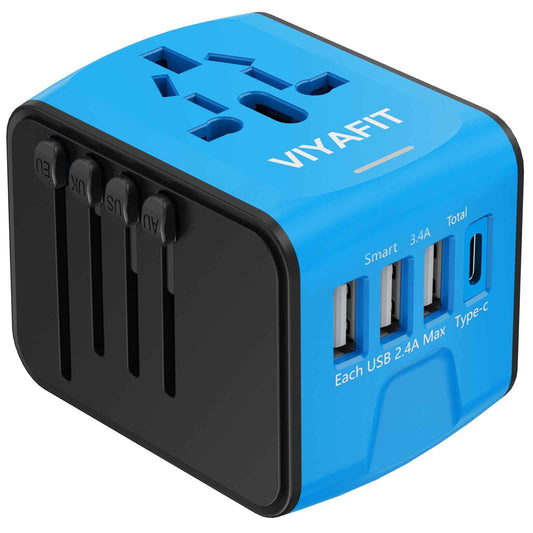 Universal International Travel Power Adapter, All in One Wall Charger with High Speed 2.4A 3xUSB, 3.0A Type-C, European Adapter, Worldwide AC Outlet Plugs for UK, EU, AU & Asia (Blue) 🍁 All In One Marketplace Canada