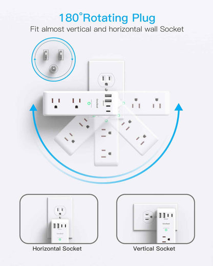 Surge Protector Outlet Extender - with Rotating Plug, 6 AC Multi Plug Outlet with 4 USB Ports (2 USB C), 1800 Joules, 3-Sided Swivel Power Bar with Spaced Splitter for Home, Office, Travel 🍁 All In One Marketplace Canada
