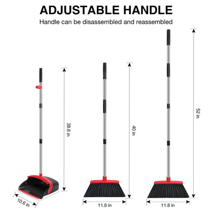 Broom and Dustpan Set, 52-in Long Adjustable Handle Broom Dustpan Combo with Dustpan Teeth to Automatically Clean Hair Suitable for Home Kitchen Office Hall Floor（Black&Red） 🍁 All In One Marketplace Canada