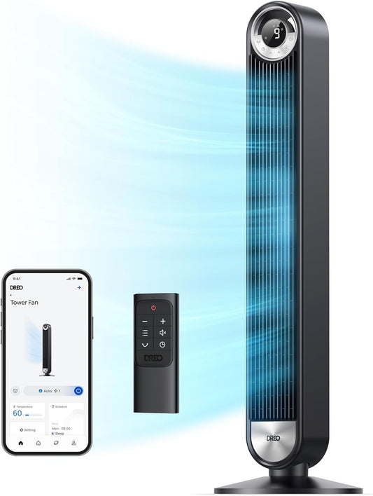 DREO Smart Tower Fan for Bedroom, Upgraded DC 9 Speeds 20dB Ultra-Quiet Floor Fan, 90° Oscillating Fans with 28ft/s Velocity, 12H Timer, Standing Fan, Bladeless Fan Powerful for Home Office Room 🍁 All In One Marketplace Canada