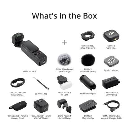 DJI Osmo Pocket 4 Creator Combo, Pocket Gimbal Vlog Camera, 1″ CMOS & 4K/240fps, 3‑Axis Stabilization, 2× Lossless Zoom, 107GB Built-in Storage, Mic 3 Transmitter, Fill Light, Osmo Mini Tripod 🍁 All In One Marketplace Canada