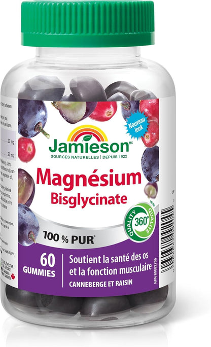 Jamieson 100% Pure Magnesium Bisglycinate 20 mg Gummies Cranberry Grape Flavour, Not Blended, Magnesium Oxide Free, Supports Bone Development and Muscle Function, Source of Electrolytes, No Artificial Colours, Flavours, or Preservatives, 60 Count