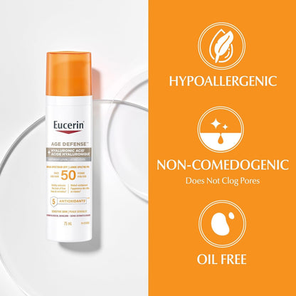 Eucerin Sun Age Defense Face Sunscreen SPF 50, Facial Sunscreen with Hyaluronic Acid and Antioxidants, Body SPF 50 Lotion with UVA-UVB Sun Protection, For Sensitive & Aging Skin, Reduce the look of fine line & wrinkles*, Fragrance Free & Non Greasy, 75mL