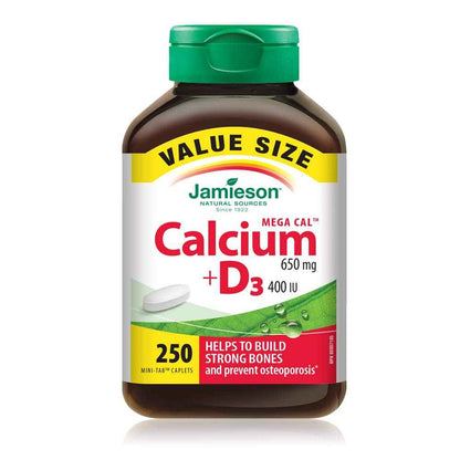 Jamieson Mega Cal Calcium 650 mg with Vitamin D3 400 IU, High Absorption, 5 Calcium Sources, Supports Bone Health, Helps Prevent Osteoporosis and Prevent Bone Loss. Easy to Swallow, Vegetarian, Non-GMO, Gluten-Free, 250 Caplets, Proudly Canadian