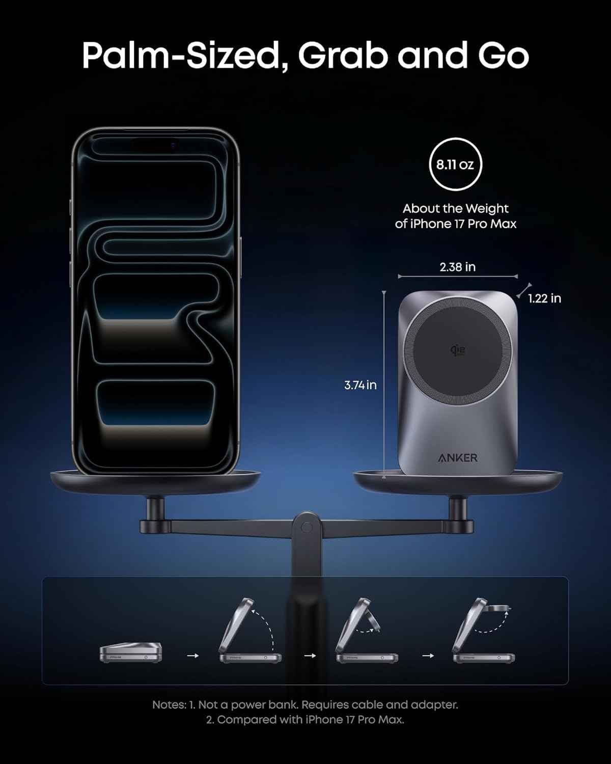 Anker Prime 3-in-1 Charging Station, AirCool Wireless Charger, 25W Qi2.2-Certified Palm-Sized Foldable MagSafe Charger Compatible with iPhone 17, Apple Watch, AirPods (Non-Battery, with Adapter) 🍁 All In One Marketplace Canada