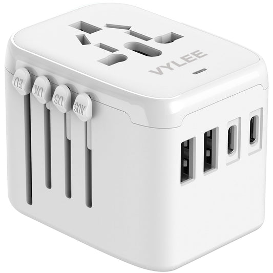 VYLEE Universal International Power Travel Plug Adapter, 5 in 1 European Travel Plug Adapter W/ 3.5A 2xUSB-A and 2xUSB C Wall Charger and Worldwide AC Outlet for Europe USA UK AUS Asia (White) 🍁 All In One Marketplace Canada